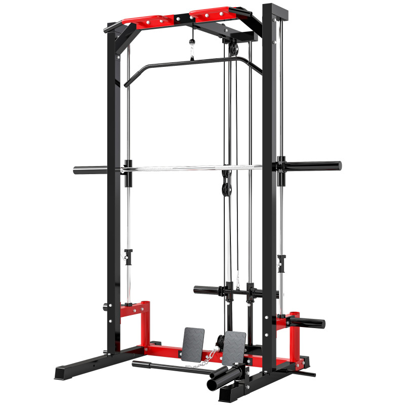 Smith Machine Power Rack with Pull Up Bar, Lat Pull Down System, Landmine, Squat Rack, Barbell Bar, for Home Gym