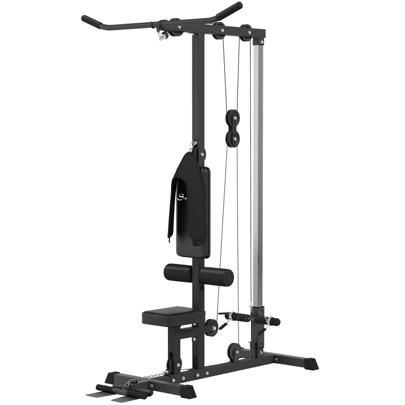 Lat Pull Down Machine, High / Low Pulley Machine with Adjustable Seat and Flip-Up Footplate, Black