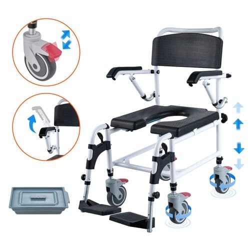 Shower Commode Wheelchair with 4 Lockable Wheels, Footrests, Flip-up Arms, 3-Level Adjustable Height, 5L Removable Bucket, 350 LBS Capacity, Commode C