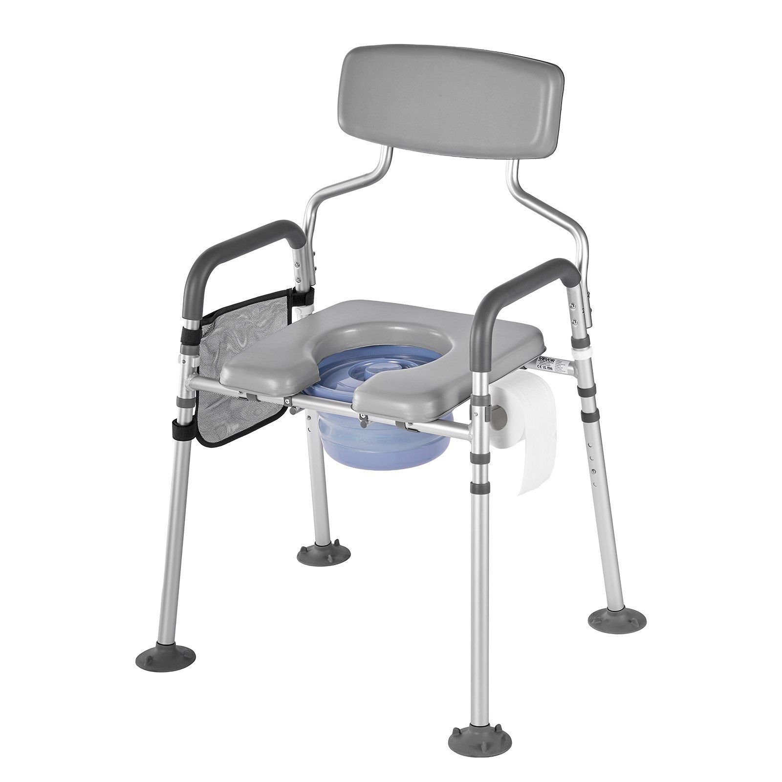 VEVOR Bedside Commode Chair, 500 lbs Capacity, 4-in-1 Portable Toilet and Raised Toilet Seat with Padded Seat & Backrest, Detachable 5L Bucket