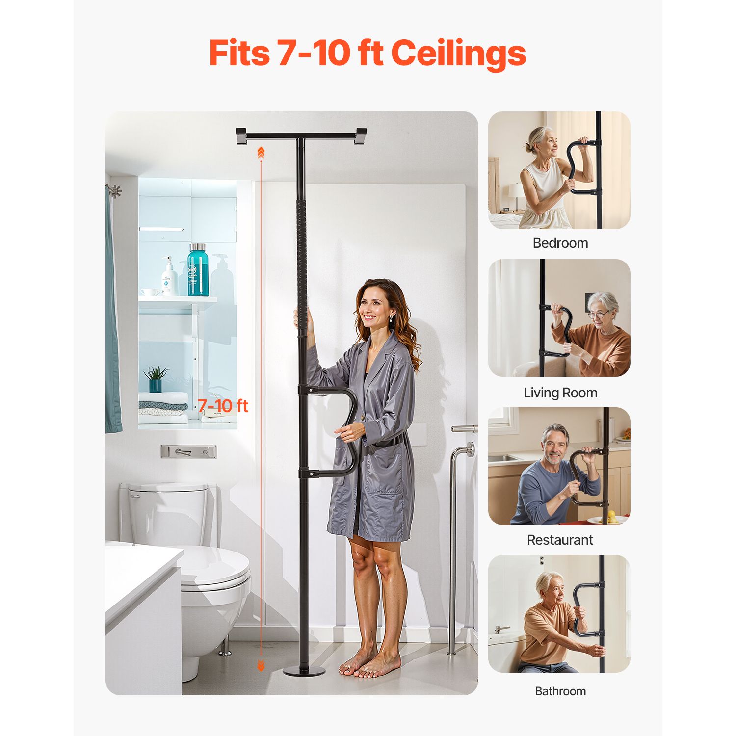 Floor-to-Ceiling Transfer Pole, Tension Mounted Bathroom Grab Bar with Anti-Slip Curve Handle, 300 Lbs Capacity Security Pole for Elderly