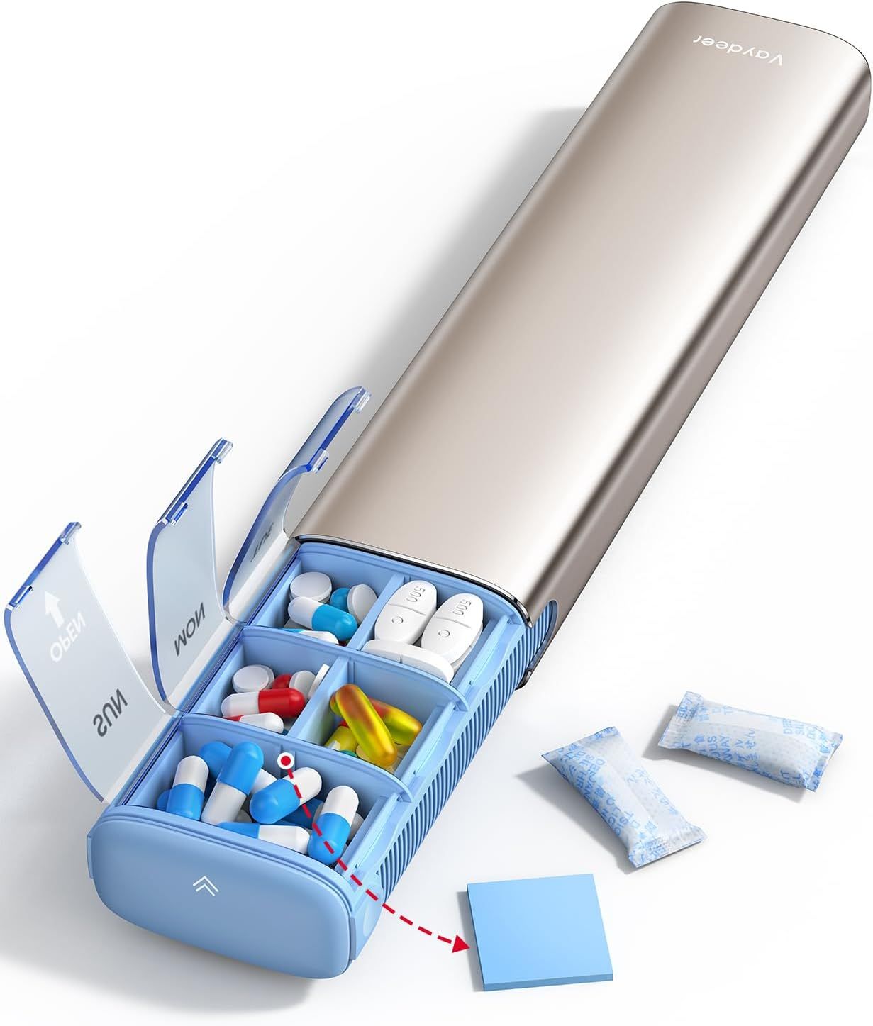 Metal Weekly Pill Organizer – Moisture-Proof Travel Pill Organizer with Built-in Desiccant Chamber and Airtight Lids – Large-Capacity Pill Box for Vit