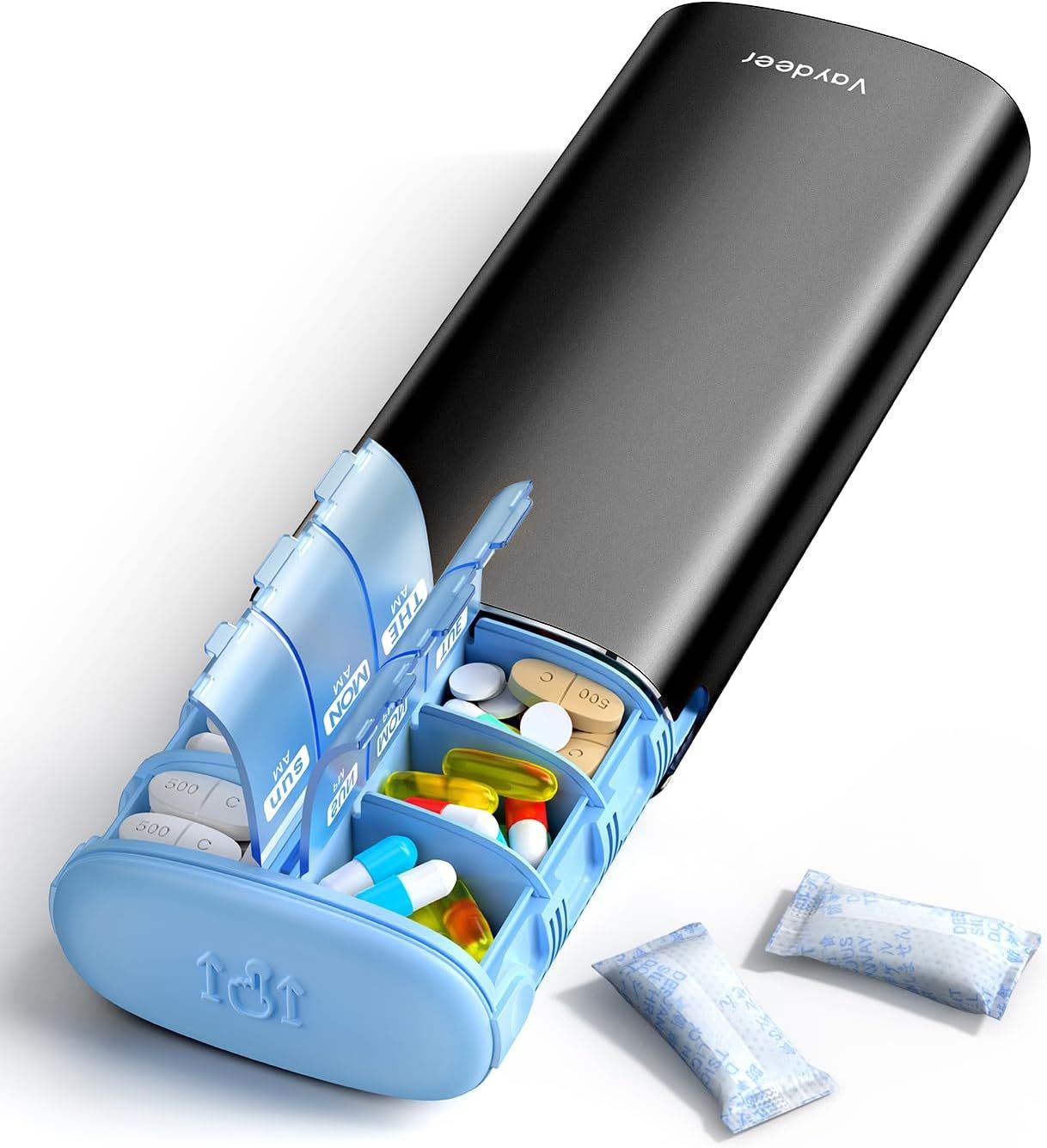 Metal 7 Day Pill Organizer 2 Times a Day – AM PM Weekly Travel Pill Case with Moisture-Proof Desiccant, Airtight Large Capacity Pill Box for Vitamins