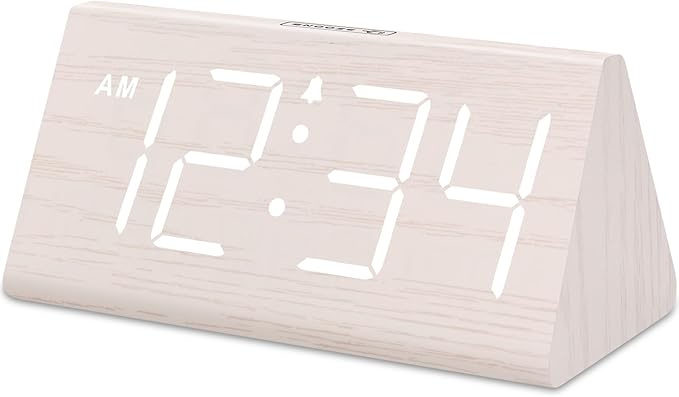 Wooden Digital Alarm Clock for Bedroom - Living Room Desk Clock with Large Numbers, Bedside Nightstand Clock with USB Port, Adjustable Volume, Dimmer