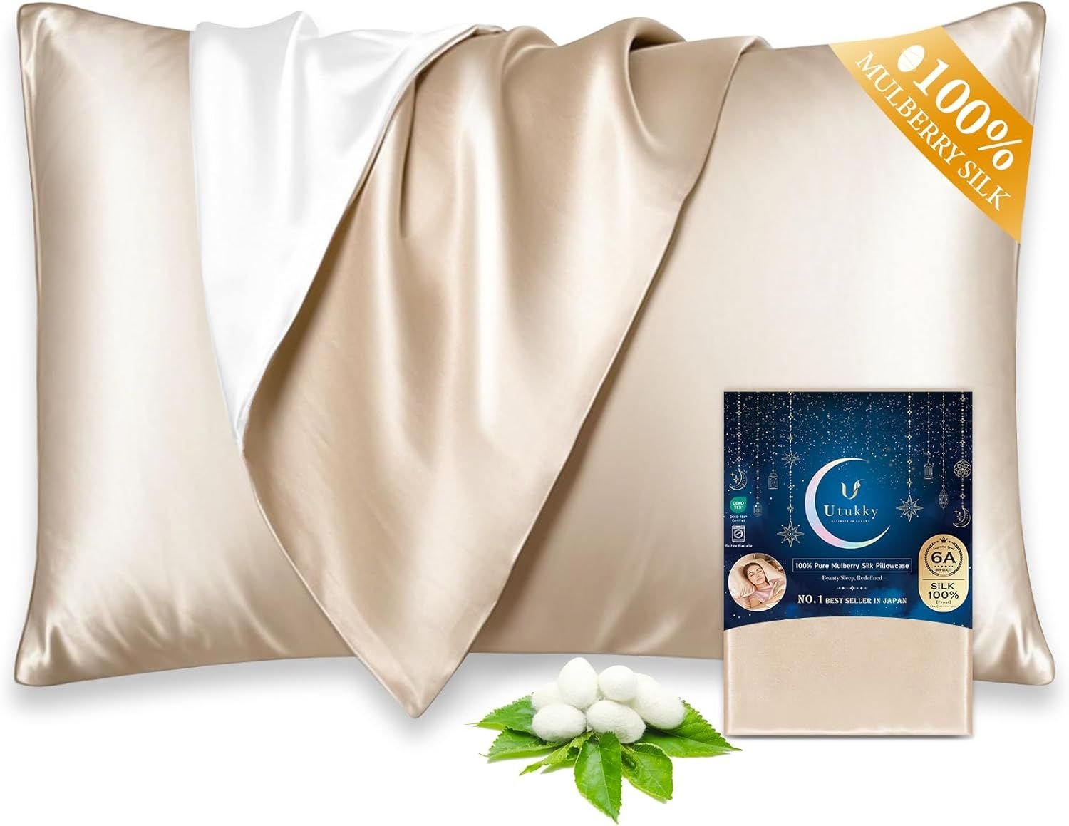 Utukky 100% Mulberry Silk Pillowcase 22 Momme - Ultra Premium 6A Grade Silk Pillow Case - Envelope Enclosure - Breathable Cooling Pillow Cover
