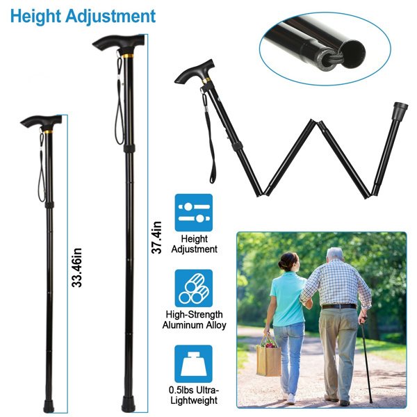 Travel Folding Trekking Hiking Pole,Collapsible Cane Adjustable Walking Stick Portable Mobility Aid for Women Men Hikers Gift,Black
