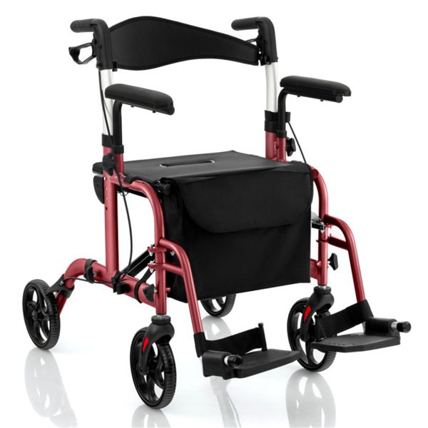 2-in-1 Rollator Walker & Wheelchair (300lbs): 6-Level Adjustable Handles, 1-Hand Folding, Storage Bag + Cane Holder for Elderly-Red
