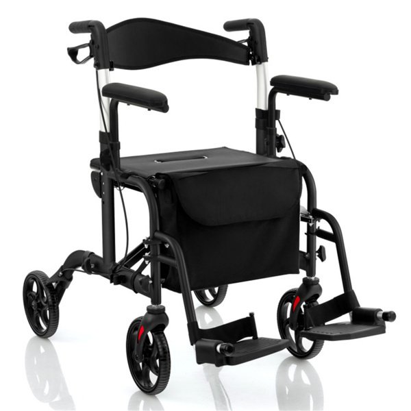 2-in-1 Rollator Walker & Wheelchair (300lbs): 6-Level Adjustable Handles, 1-Hand Folding, Storage Bag + Cane Holder for Elderly-Black