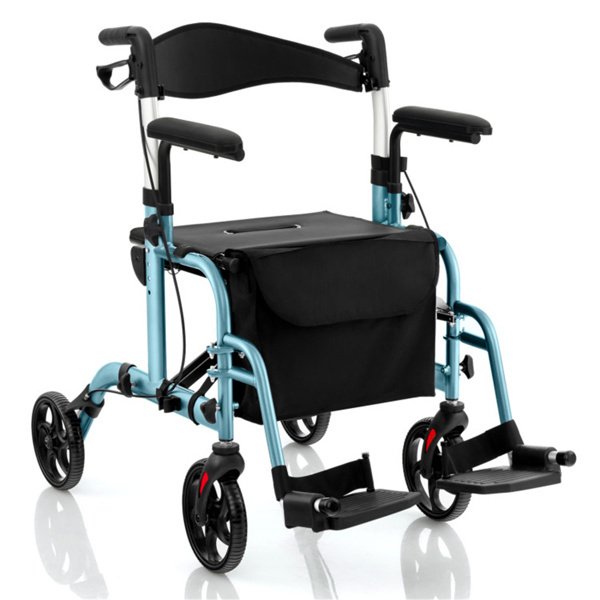 2-in-1 Rollator Walker & Wheelchair (300lbs): 6-Level Adjustable Handles, 1-Hand Folding, Storage Bag + Cane Holder for Elderly-Navy