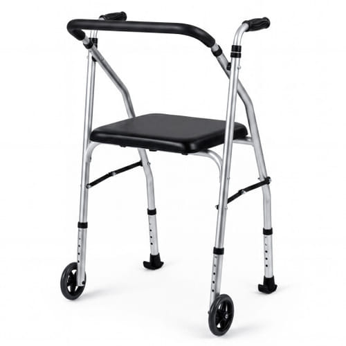 Lightweight Aluminum Mobility Walker for Seniors with 2 Wheels 5-Level Adjustable Height and Padded Seat-Sliver - Color: Silver