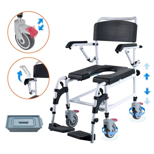 Shower Commode Wheelchair with 4 Lockable Wheels, Footrests, Flip-up Arms, 3-Level Adjustable Height, 5L Removable Bucket, 350 LBS Capacity, Commode C