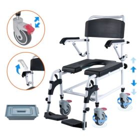 Shower Commode Wheelchair with 4 Lockable Wheels, Footrests, Flip-up Arms, 3-Level Adjustable Height, 5L Removable Bucket, 350 LBS Capacity, Commode C