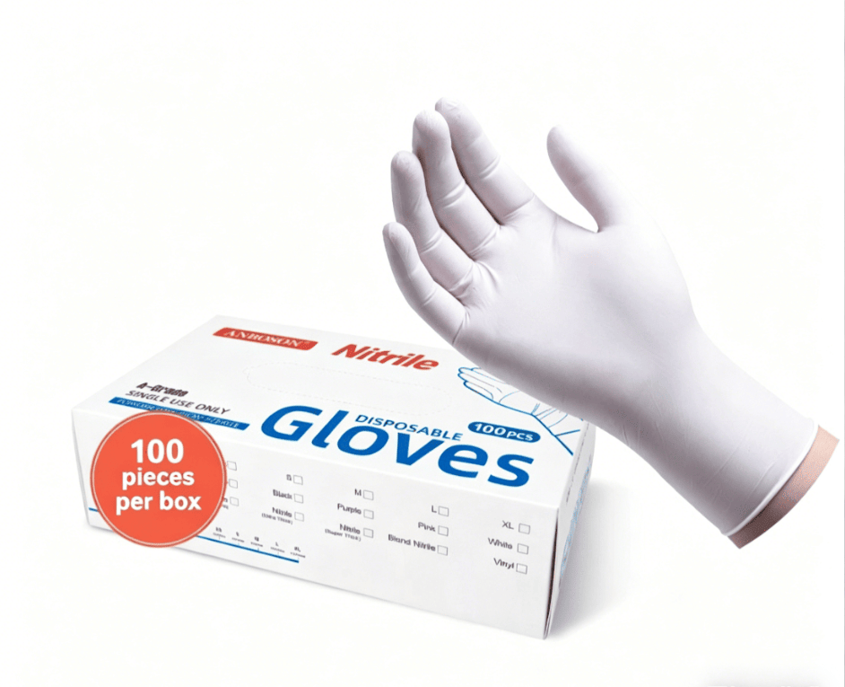 Disposable nitrile gloves, powder-free and latex-free blue examination gloves, 100 pieces per box, food-grade and chemical corrosion resistant (style: White Pure Nitrile-M)