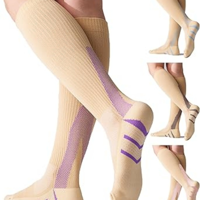 4 Pairs Compression Socks For Women 20-30mmHg Graduated Compression Circulation Support Socks For Running Athletic (Color: Beige Mix  Large-X-Large)