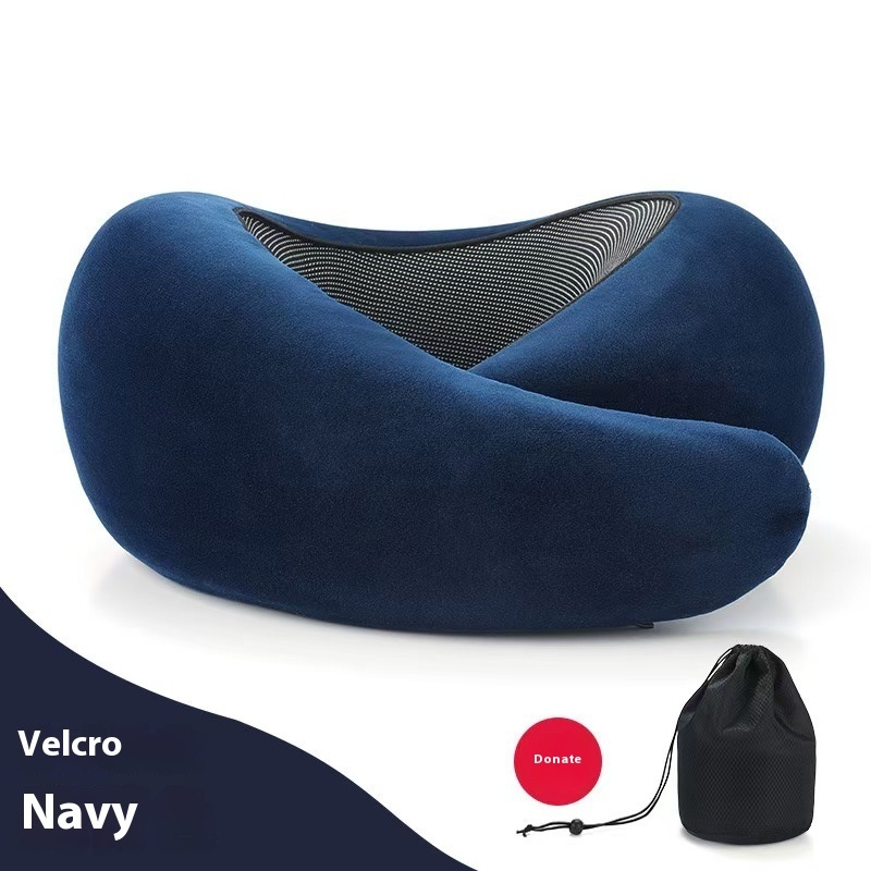 Soft Memory Foam Travel Neck Pillow U Shape Adjustable Support Comfortably Sleeping On Plane Car Office Noon Break (Option: Navy Blue Velcro Style)