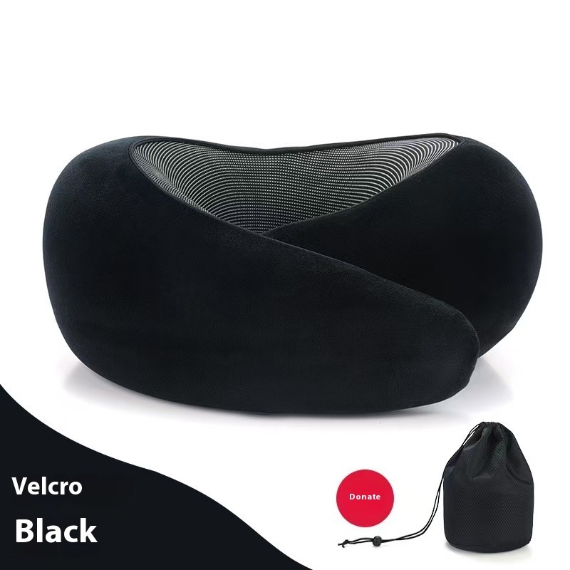 Soft Memory Foam Travel Neck Pillow U Shape Adjustable Support Comfortably Sleeping On Plane Car Office Noon Break (Option: Deep Black Velcro Style)
