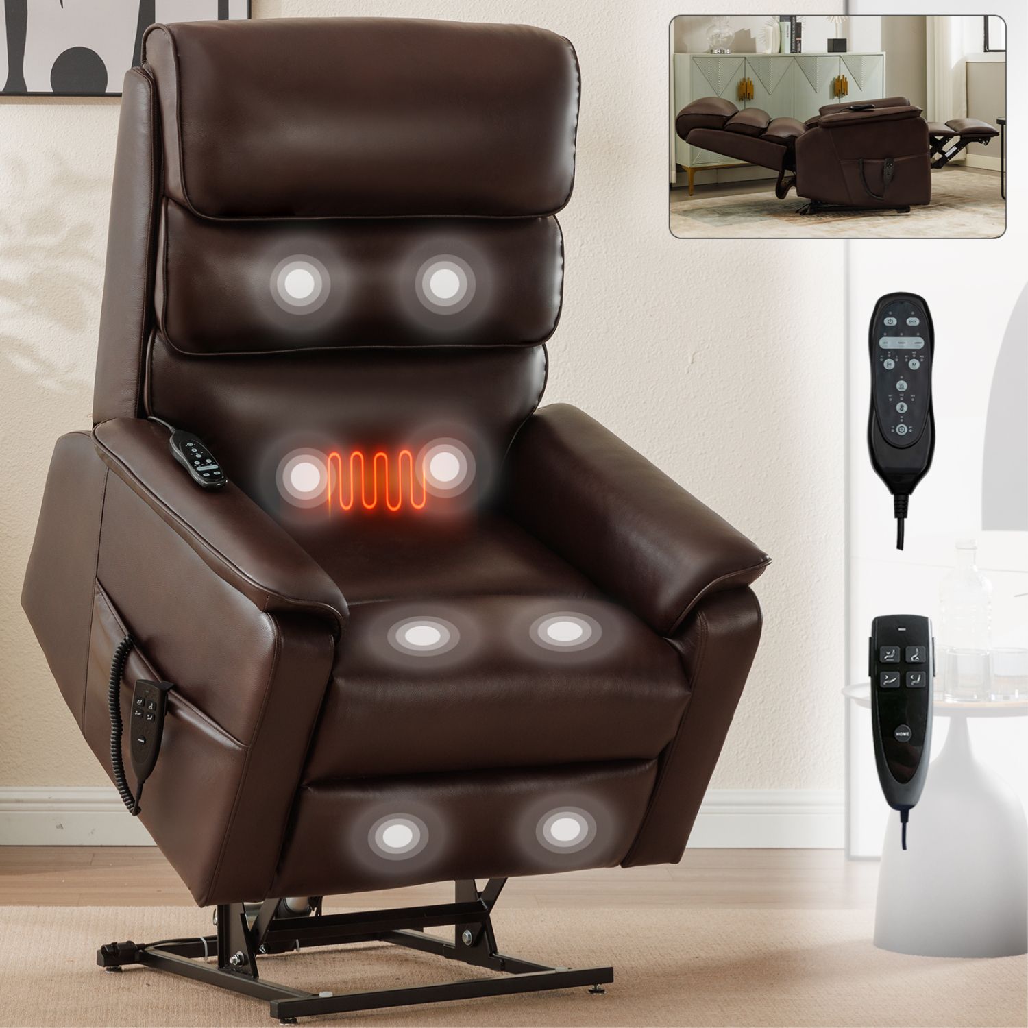 Brown Leatheraire Dual Motor Infinite Position Up to 350 LBS Power Lift Recliner Chair with Power-Remote, Heat Massage and Heavy Duty Motion Mechanism (Color: as Pic)