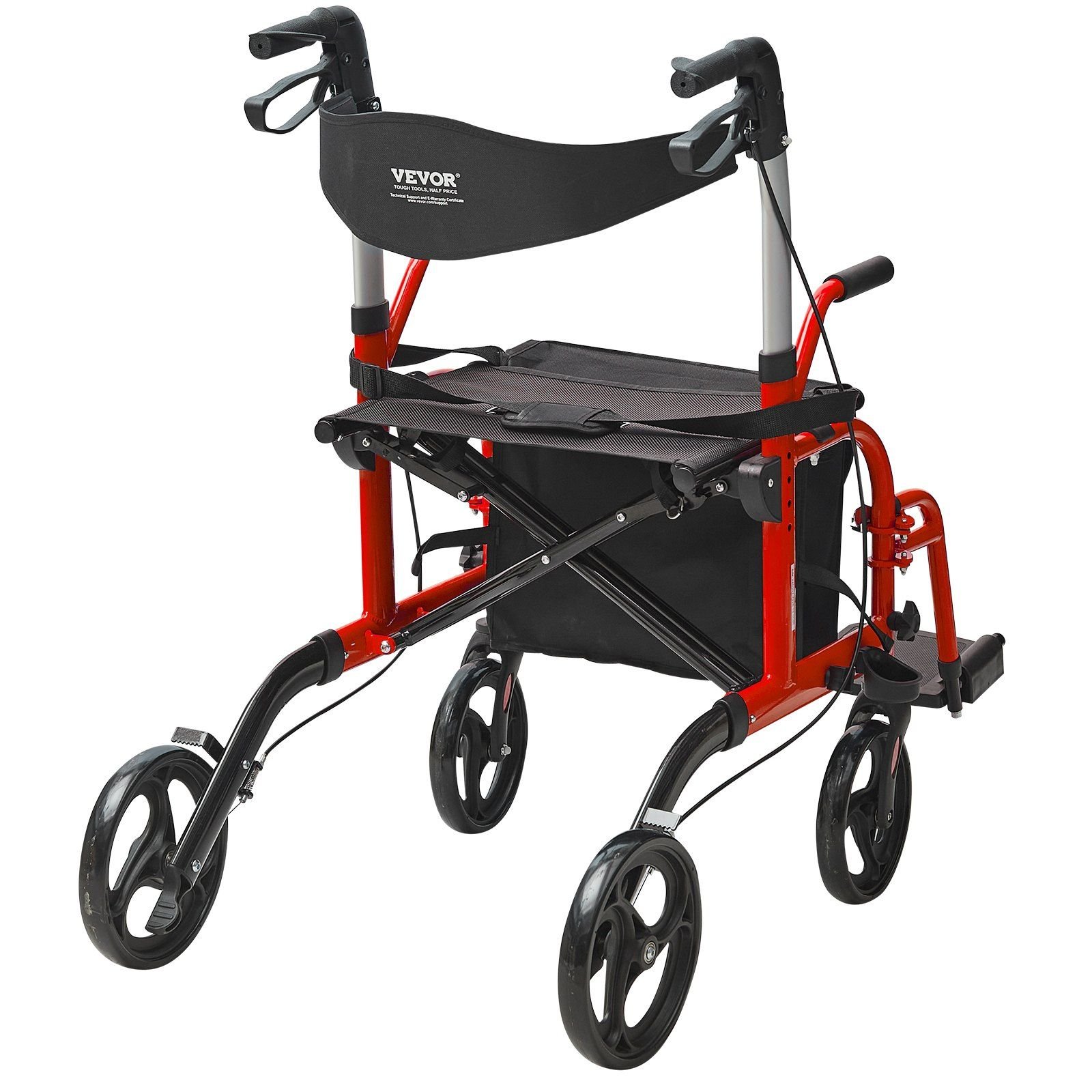VEVOR 2 in 1 Rollator Walker & Transport Chair for Seniors, Folding Rolling Walker Wheelchair Combo & Footrests (Color: Red)