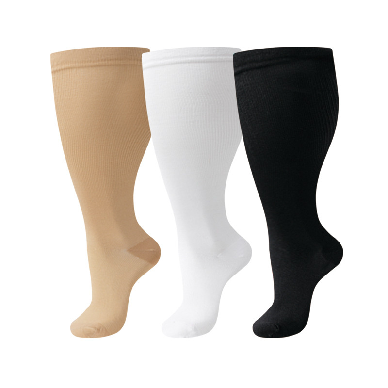 3 pairs of extra-large nylon compression socks, comfortable and snug, with wide calves and knee-high support, ideal as compression gear for cycling (black white beige: 4XL)