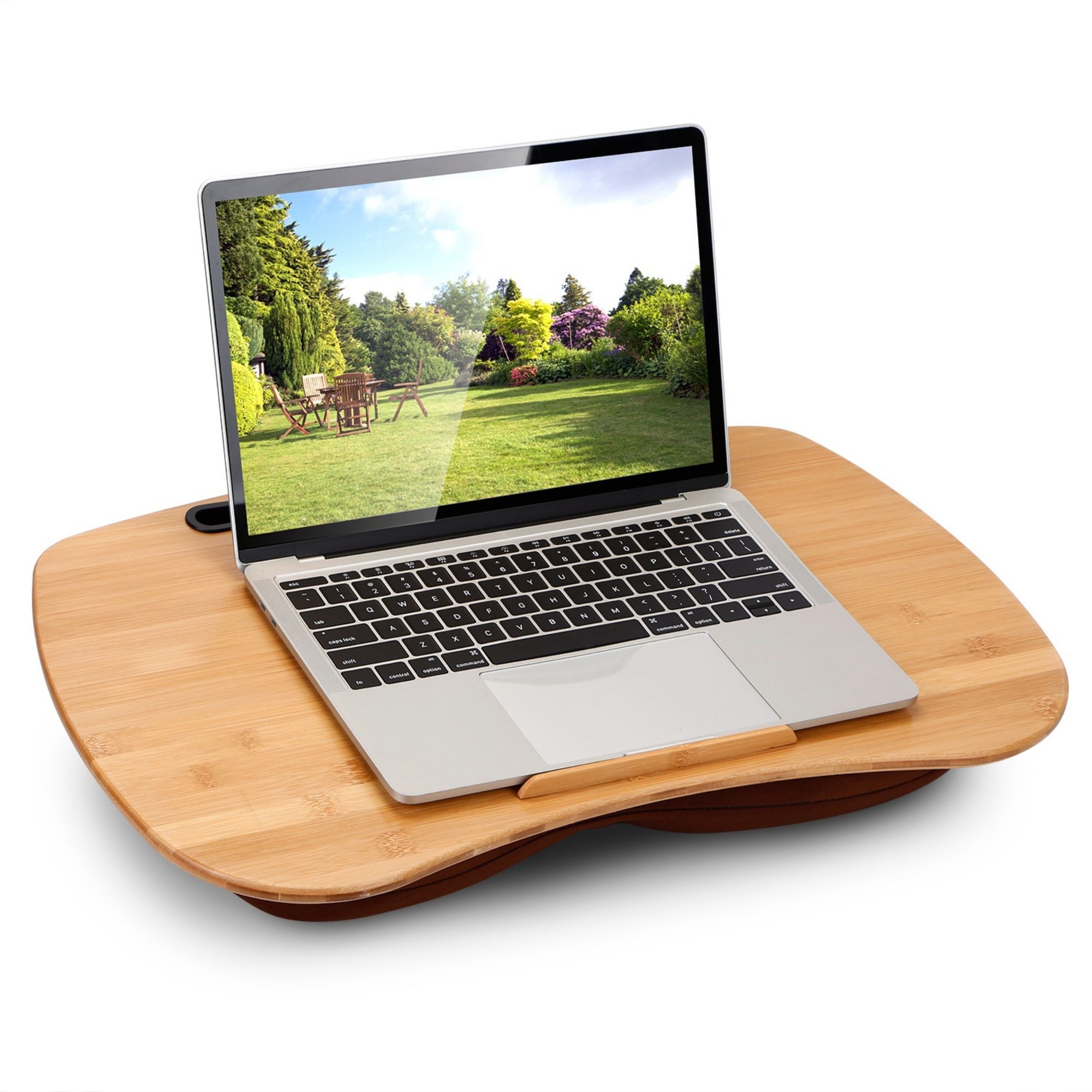 Padded Laptop Lap Desk with Bamboo Tablet Stand - 18.5in Tray for Bed, Sofa, Car - Phone Holder & Stopper Ledge (Color: Wood, size: large)