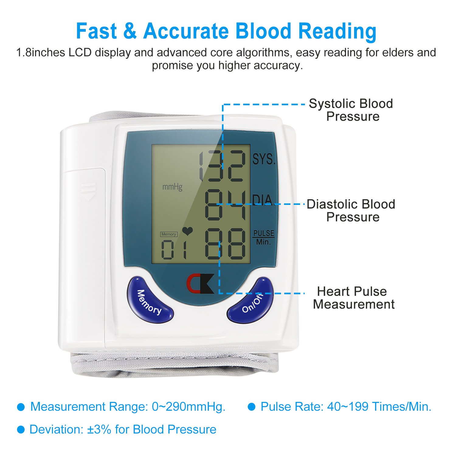 1Pc Blood Pressure Monitor Wrist Digital High Blood Pressure Cuff Heartbeat Tester With 60 Reading Memory 1.8 Inches LCD Screen Storage Box (Option: white)