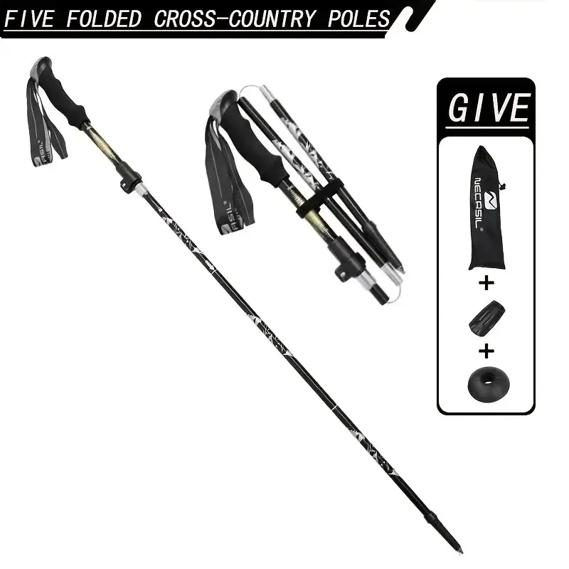 Five Section Folding Trekking Cane For Hiking And Walking - Lightweight 7075 Aluminum, Strong And Durable Outer Lock And High-density EVA Grip, M (Option: 1PCBlack)