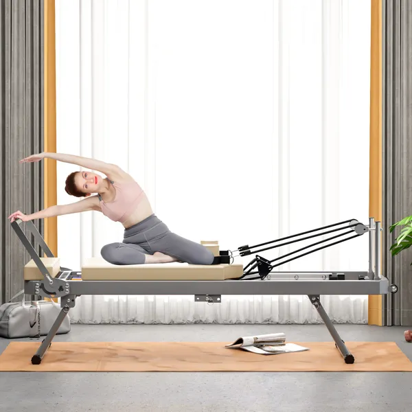 Pilates Reformer Machine For Home Gym Workout, Foldable Pilates Equipment With High Strength Alloy Springs For Beginners, Up To 330lbs,Beige (Option: Defaulttitle)