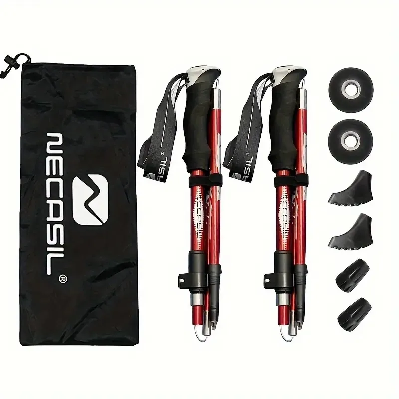 Five Section Folding Trekking Cane For Hiking And Walking - Lightweight 7075 Aluminum, Strong And Durable Outer Lock And High-density EVA Grip, M (Option: Red)